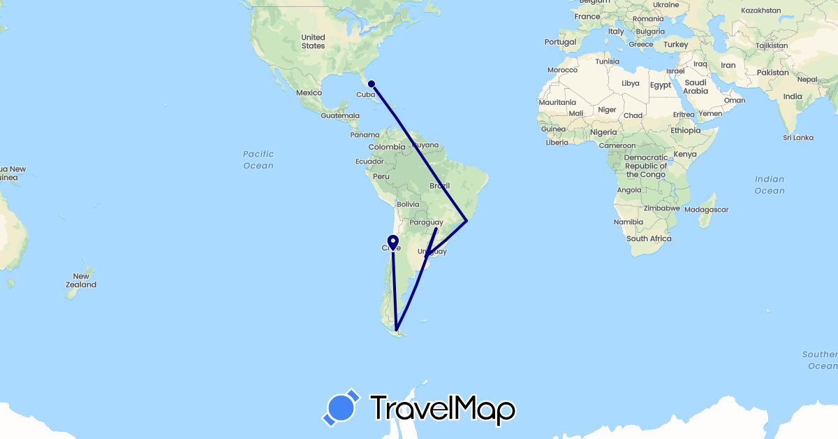 TravelMap itinerary: driving in Argentina, Brazil, Bahamas, Chile (North America, South America)